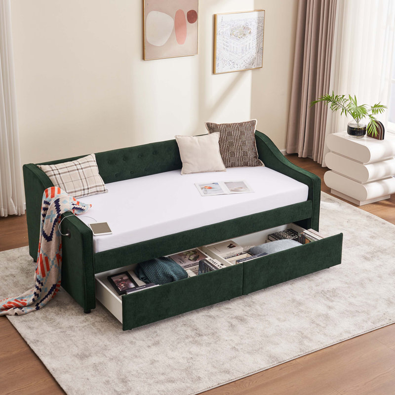 Elegant Upholstered Daybed With Storage Drawer And Wood Slat Support, Emerald