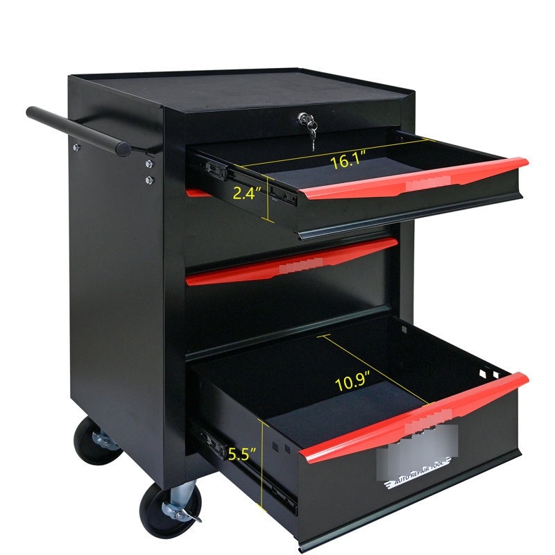 Coffre à outils en métal à 4 glissières - Armoire coulissante 20 po, noir et rouge, acier, 4, option de rangement supplémentaire
