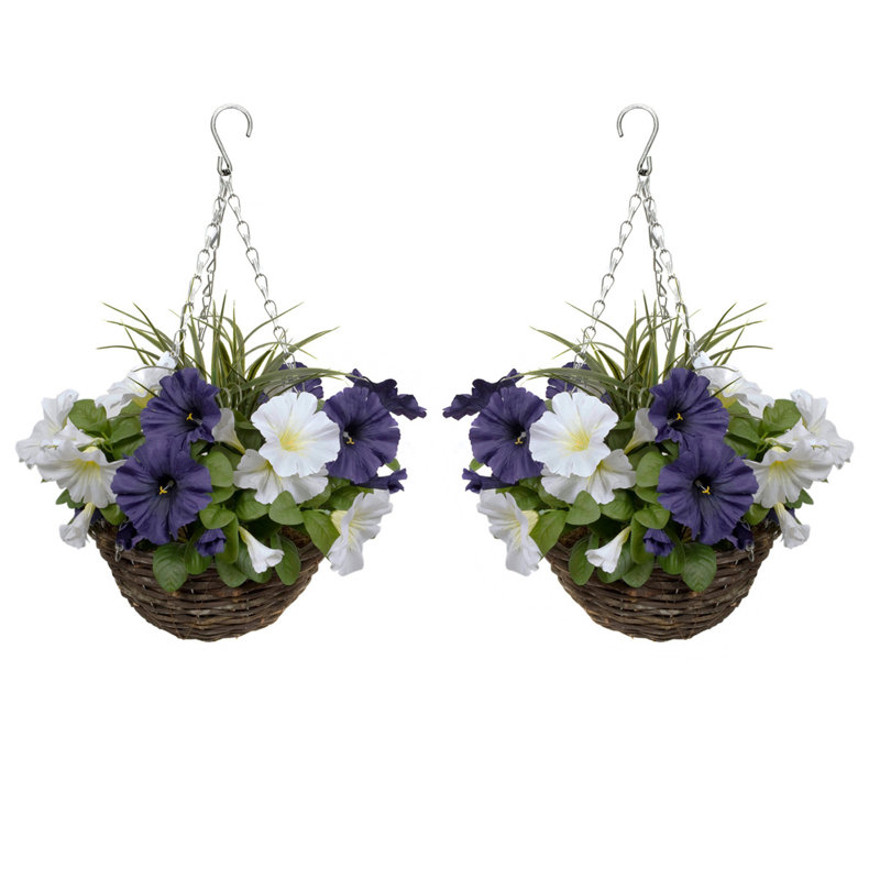 GrrenBrokers 2 x Artificial Petunias Rattan Hanging Baskets (52cm/20in), Dark Purple/White