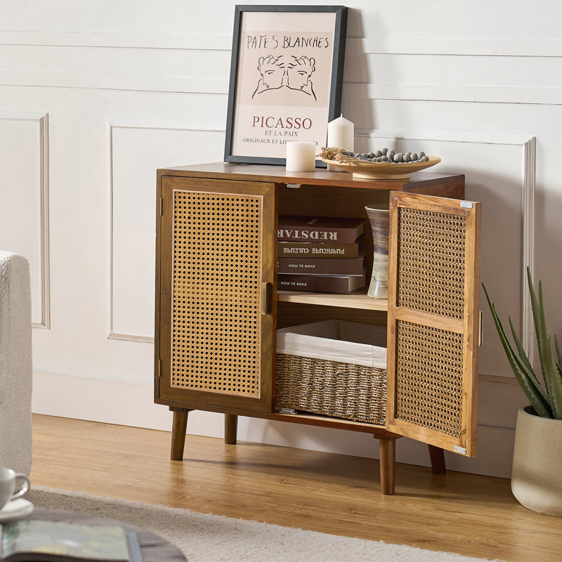 Emily 30'' Tall 2 - Rattan Door Accent Cabinet with Solid Wood Legs, Espresso