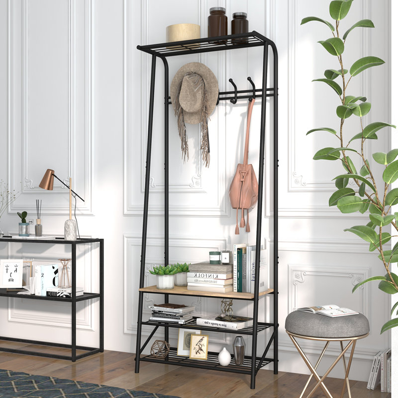 Corner Hall Tree with Shoe Bench in Wood - 71-Inch Entryway Coat Rack with 10 Hooks and Storage Shelves for Mudroom or Entry Area