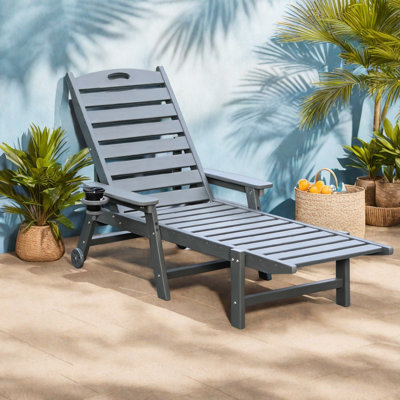 Adjustable Patio Chaise Lounges, HDPE Wood Grain Modern Poolside Set