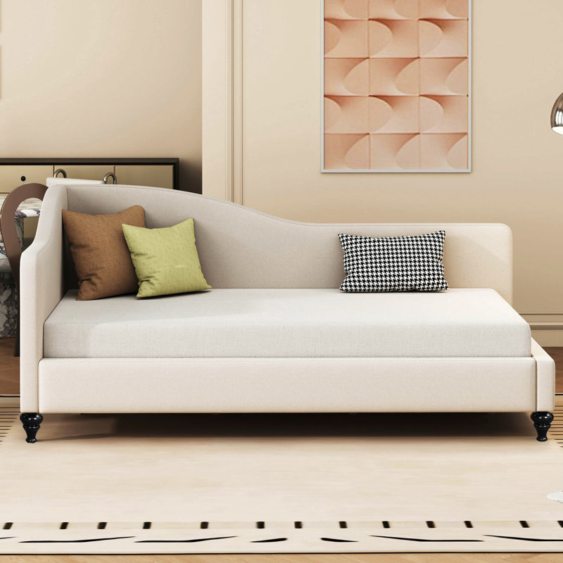 Beige Twin Daybed With Strong Solid Wood Legs And Linen Upholstery L-shaped In -, Beige