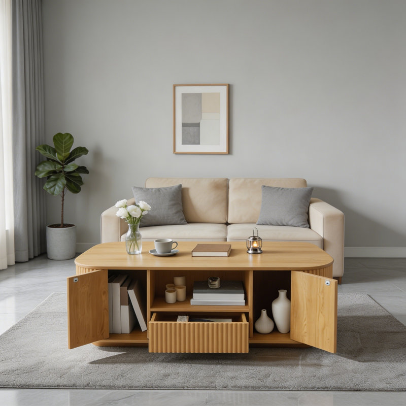 Table basse ovale de luxe moderne de 46,5 po avec tiroirs et rangement, Natural