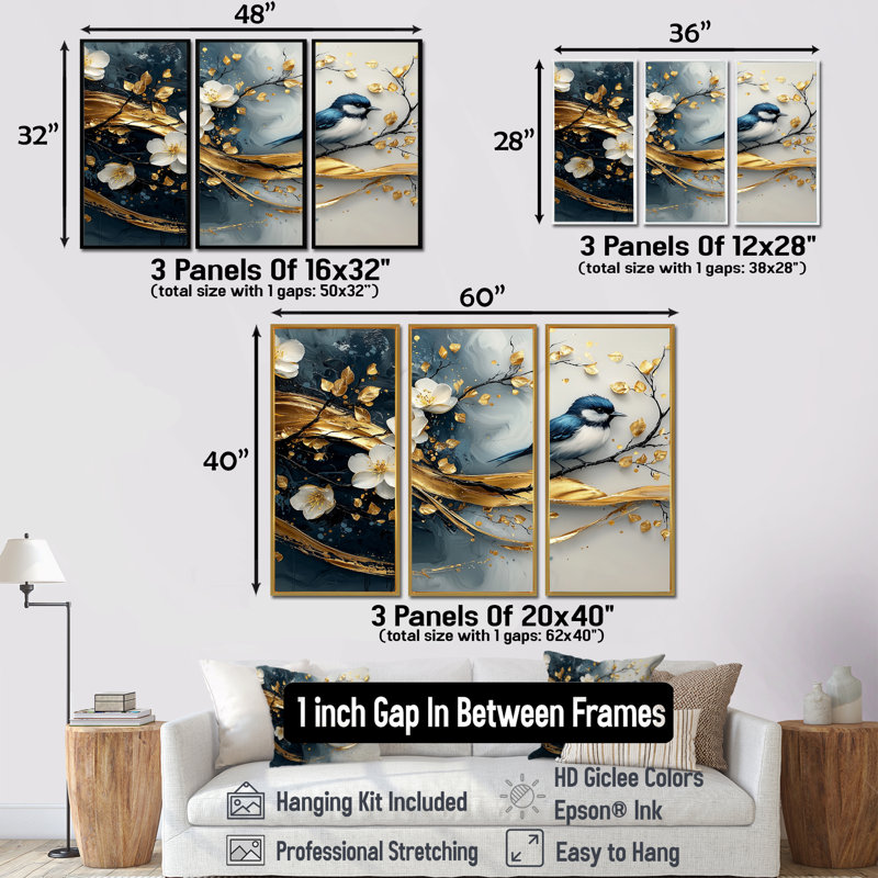 «Blue and Gold Bird on Cherry Blossom Branch», ensemble de reproductions d'art mural cerisier en fleurs