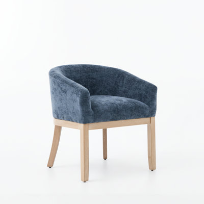 Modern Upholstered Barrel Arm Dining Chair with Solid Wood Frame and Chenille Fabric in Classic Blue Hue