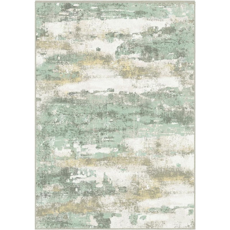 Tapis 3 x 5 pour la cuisine de l'entrée, tapis moderne et doux lavable à la machine, tapis d'intérieur à poils courts avec envers antidérapant, vert clair / crème