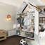 Lit plateforme simple en bois massif avec tiroirs et tablettes, blanc et chambre à coucher confortable et imaginative en bois, espace douillet organisé