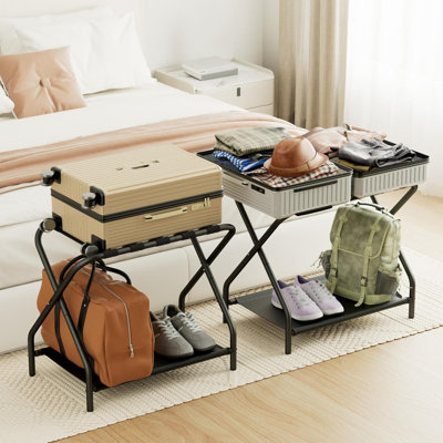 Luggage Rack, Set Of 2, Foldable Suitcase Stands For Guest Room, Metal Luggage Holder With Storage Shelf For Bedroom, Hotel, Easy Assemble, Black