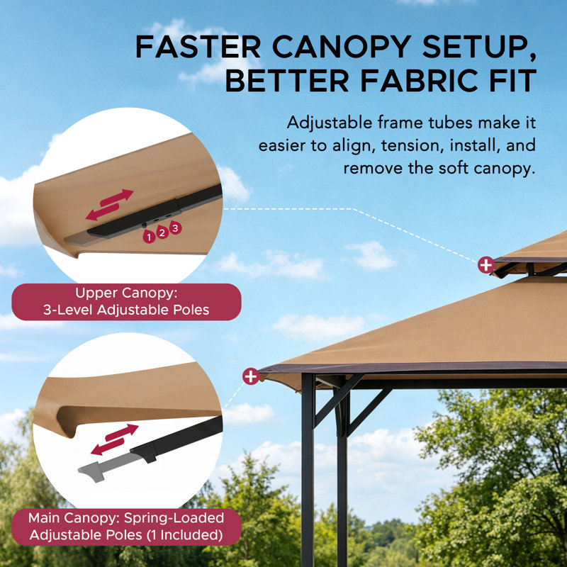Sunjoy 8 ft. x 5 ft. Extra‑Tall Soft Top Grill Gazebo with Wood‑Look Heat‑Transfer Finish & Wider Bar Shelves