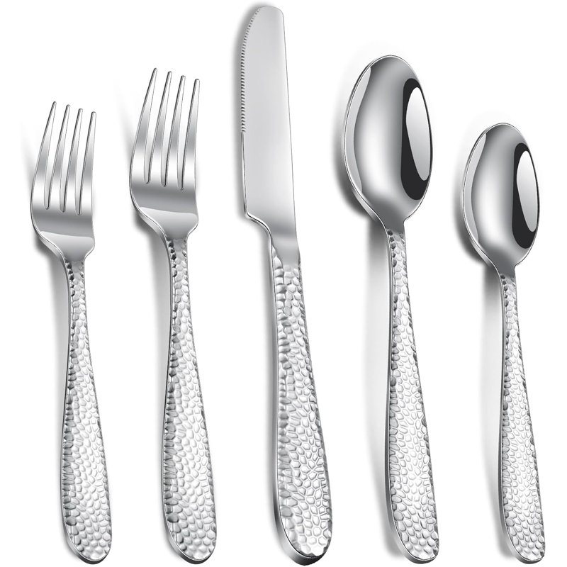40-Piece Hammered Flatware Set, Stainless Steel Silverware For 8, Mirror Polished & Dishwasher Safe