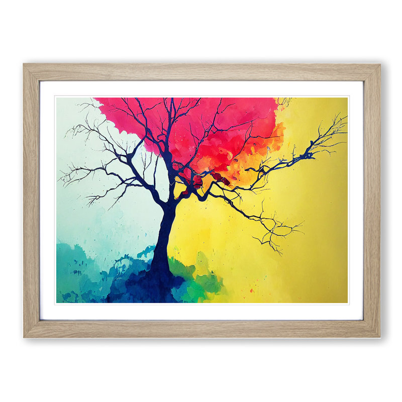 Bright Colourful Tree Abstract - Single Picture Frame Painting, 34cm H x 46cm W x 2cm D, Oak Framed