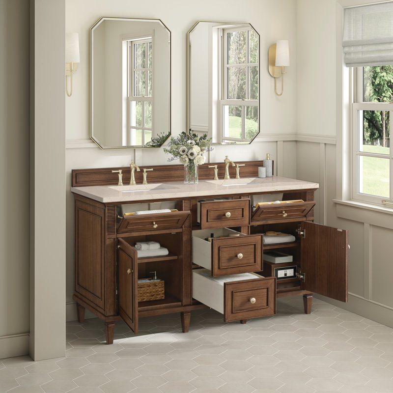 Lorelai 60'' W Double Vanity, Mid-Century Walnut, Carrara White, 8" Widespread