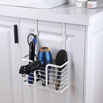 Adjustable Hair Dryer Holder, White Stainless Steel, 3 Compartments, Over-Cabinet Or Wall-Mount, Hair Tool Organizer -  Rebrilliant, 8415C65A78554F70B6CA106EF766A137
