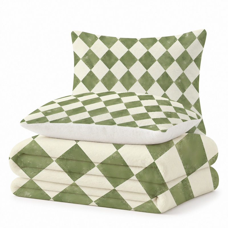 Premium Flannel Lightweight Blanket & 2 Pillow Shams Set with Green & White Vintage Checkerboard Diamonds, Ultra-Soft & Warm Cozy Bedding Set for All-Season, 60" x 80" Blanket + 2 Pillowcases Anti-Pilling & Machine Washable(Set of 3)