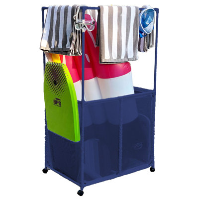 Porte-équipement de piscine avec barres de séchage pour serviettes, panier de rangement multi-usage à roulettes
