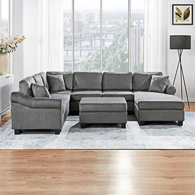 Canapé modulaire rembourré avec repose-pieds de rangement mobile, Chenille grise foncée