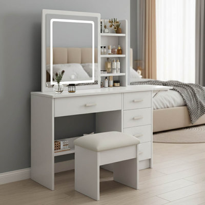 Vanity Desk with Mirror and Lights, Makeup Vanity Table Set with Cushioned Chair & Sliding Glass Door, Modern Vanity with 5 Drawers & Open Shelves, 3 Lighting Modes for Bedroom, Women, White