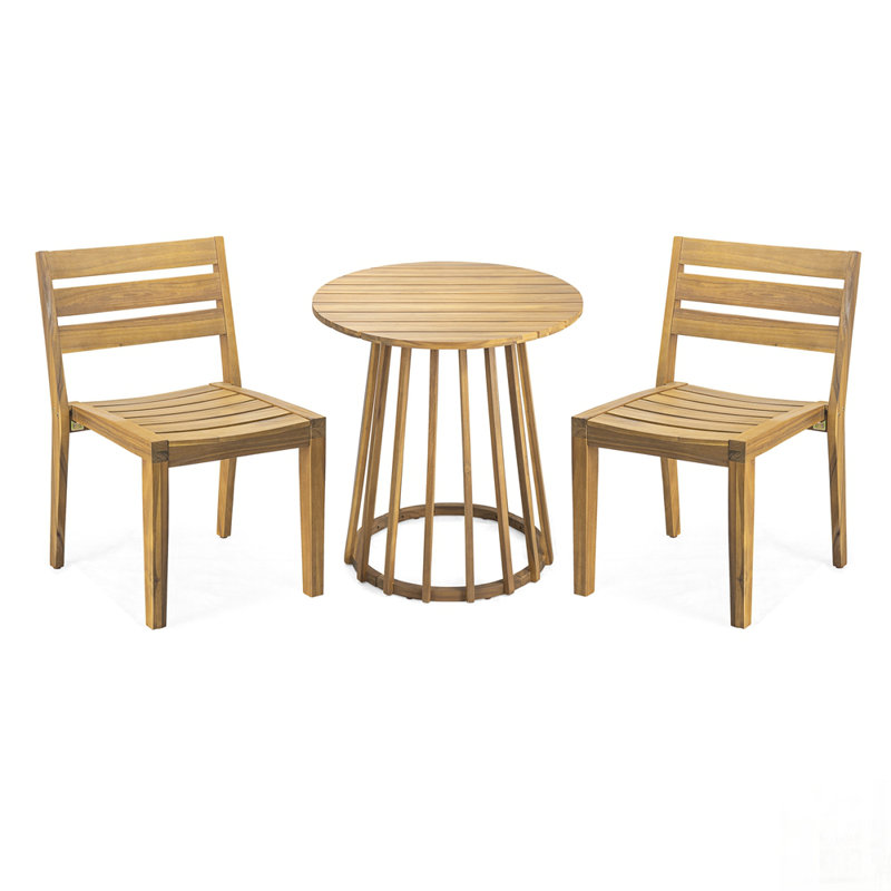 Ensemble de salle à manger d'extérieur 3 pièces en bois d'acacia, ensemble de bistro rond avec charme rustique et conception à lattes durables