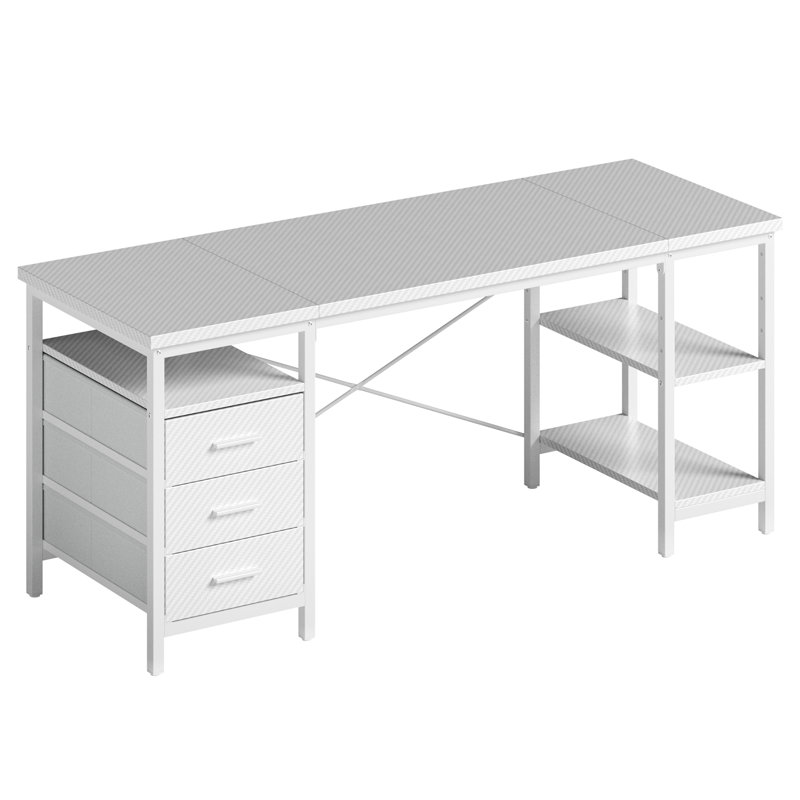 Metal Base Computer Desk,Gaming Desk with 3 Fabric Drawers & Storage Shelves, Writing Work Study Desk for Home Office Bedroom, Modern Simple Student PC Desks Table