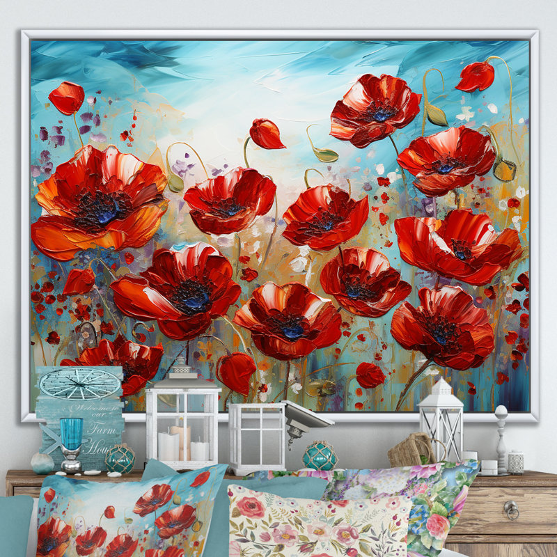 Coquelicots rouges en fleurs sur toile, H 16 po x l 32 po x P 1 po, Cadre flottant blanc