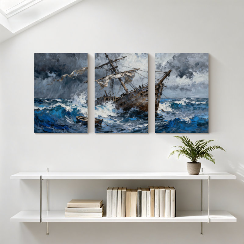 Nautique orageux, bateau, épave, vagues, bateau, ciel, nuages, ensemble de 3 impressions sur toile, H 18 po x l 36 po