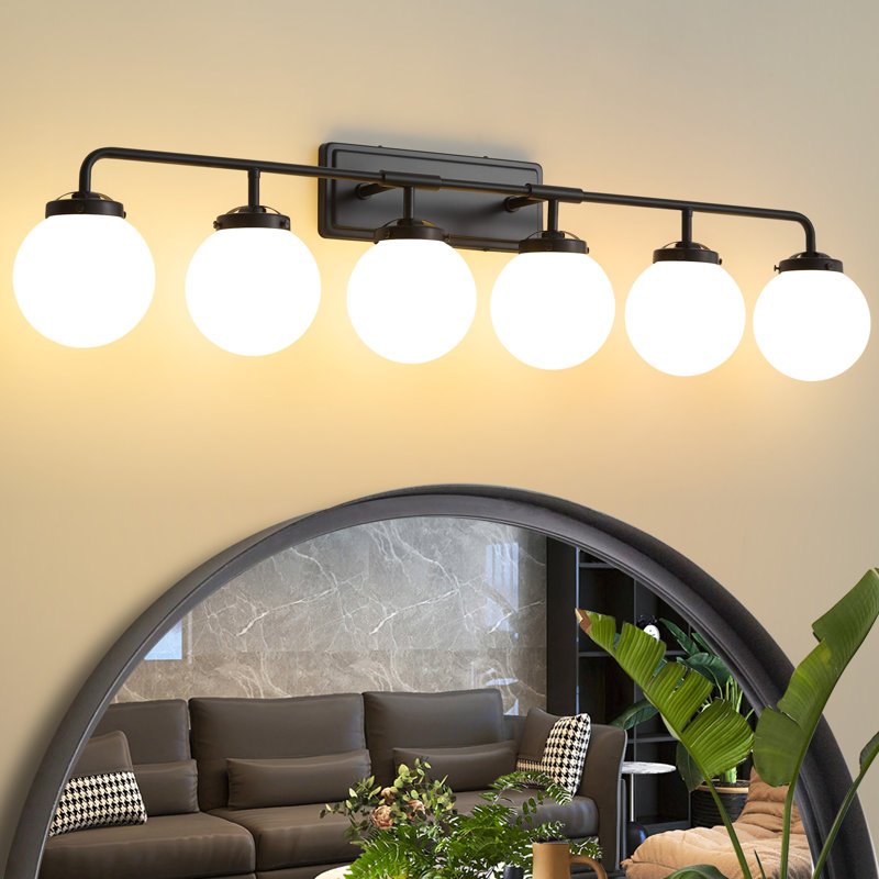 Brackenley 6 - Light Dimmable Vanity Light With Hand Blown Glass Globe Shade, White, Matte Black