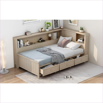 Lit de jour à plateforme simple en bois massif de style campagnard avec tablettes de rangement latérales et 3 tiroirs sous le lit, ton blanc