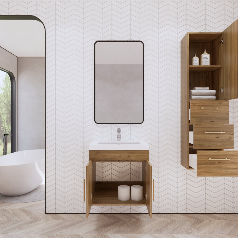 24" Wall-Mounted Single Bathroom Vanity Set, 24", Natural Oak