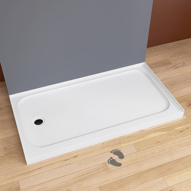 60" Single Threshold Shower Pan Base In White With Drain Assembly, Left