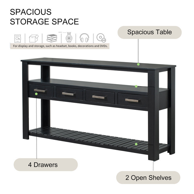 Rey 62.20'' Modern Console Table Sofa Table for Living Room with 4 Drawers and 2 Shelves, Black