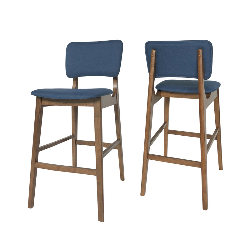 Paire de chaises de bar de style Mid-Century moderne - bleu foncé, structure en bois, pieds fuselés fins, tabourets bleus, élégant (de 2