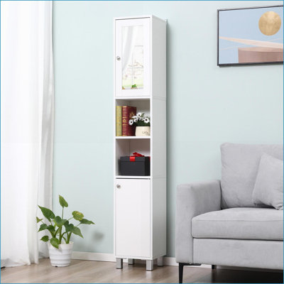 Cabinets, grande tour de rangement de salle de bain autoportante avec miroir & amp; Tablettes réglables, blanc neige | Panneau de particules | Contemporain