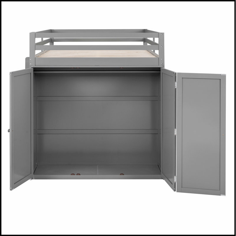 Lit mezzanine avec tiroirs, bureau et garde-robe, parfait pour économiser de l'espace et être multifonctionnel., Gris
