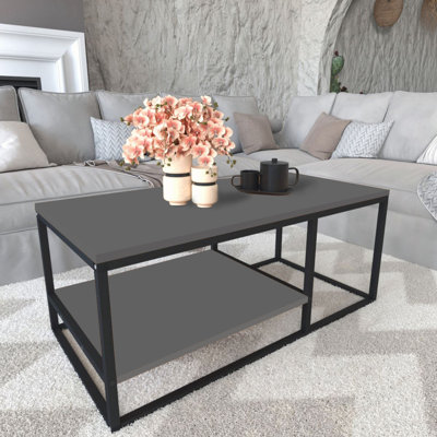 2-Shelf Wooden Rectangle Coffee & Side Table With Metal Frame
