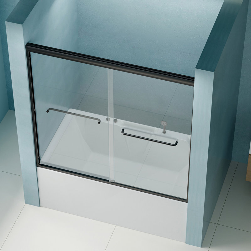 56"-60" W X 58" H Double Sliding Bathtub Shower Door, Semi-Frameless Bypass Tub Door, 1/4" (6Mm) Tempered Glass With Explosion-Proof Film, Adjustable Aluminum Alloy Frame