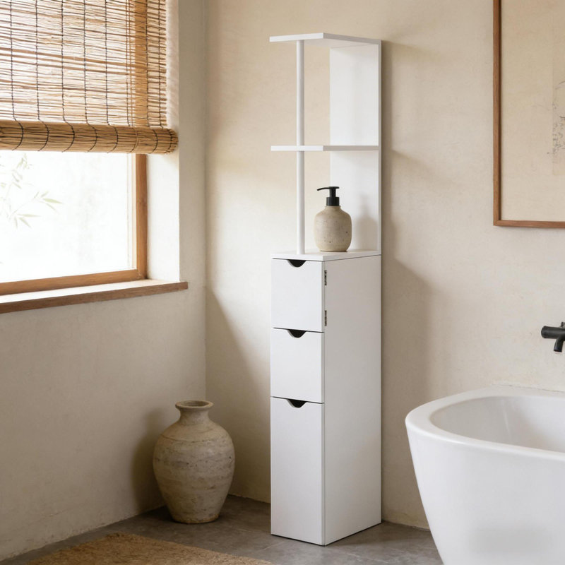Élégante armoire de rangement pour la salle de bain, armoire de rangement étroite pour la salle de bain, tour à linge autoportante avec tablette à 2 niveaux et tiroirs
