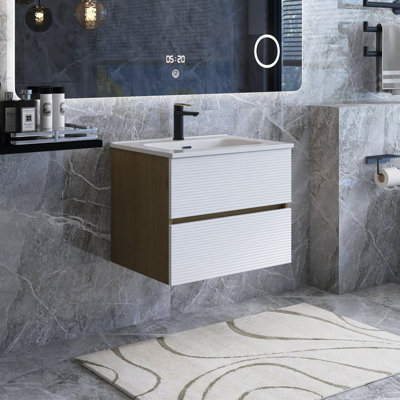 Grand meuble-lavabo mural moderne pré-assemblé blanc mat et chêne naturel avec lavabo intégré en céramique