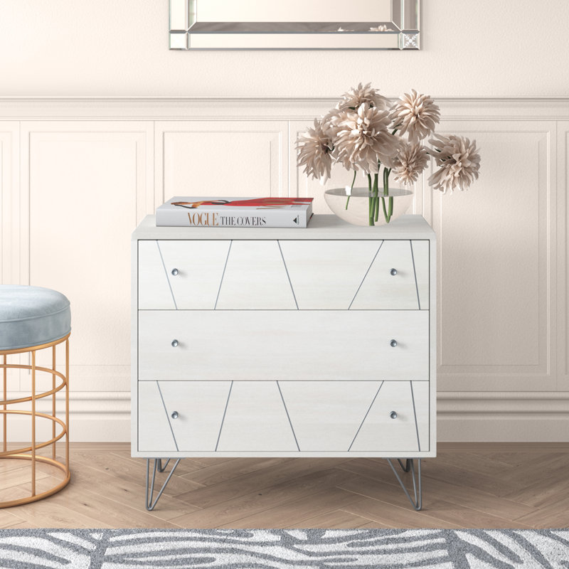 Idleman Solid Wood 31.8'' W 3 - Drawer Dresser, Silver/White Wash