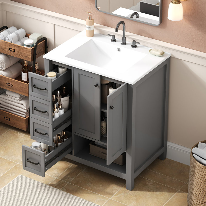 Meuble-lavabo de salle de bain avec comptoir, meuble-lavabo avec deux portes et deux tiroirs, bois massif, tablette ouverte, panneaux de fibres à densité moyenne
