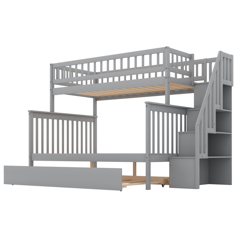 Bunk Bed with Trundle and Staircase,Twin over Full,65.30"H*57.80"W*90.80"L, Gray