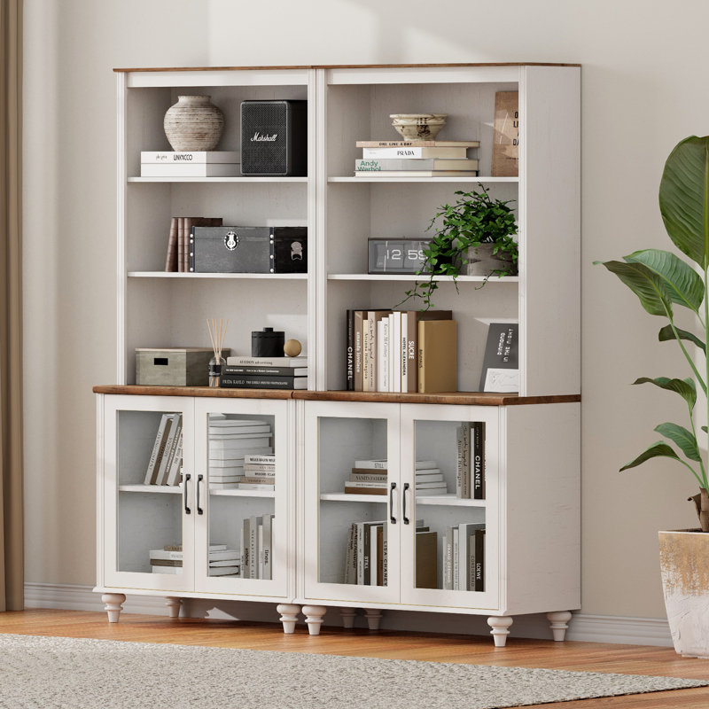 Scarlett 67.7" W 5-Tier Manufactured Wood Bookcase with Glass Storage Cabinets and Gourd Legs, White