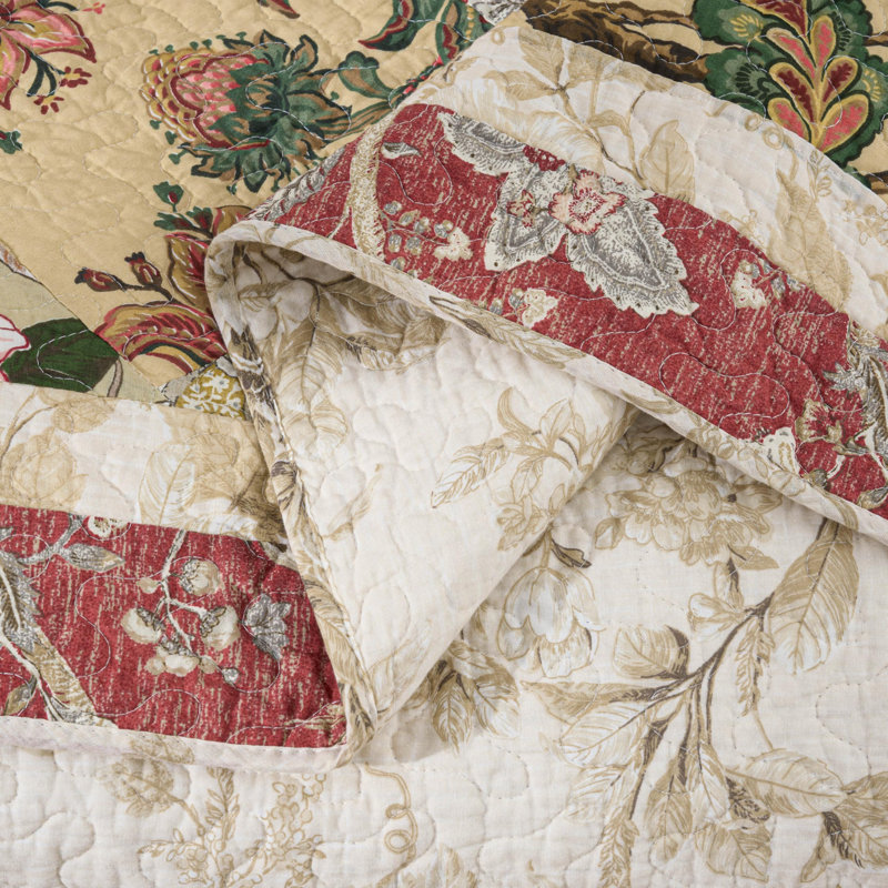 Lunaria Cotton Patchwork Quilted Throw, Red/Ivory/Green/Brown Patchwork