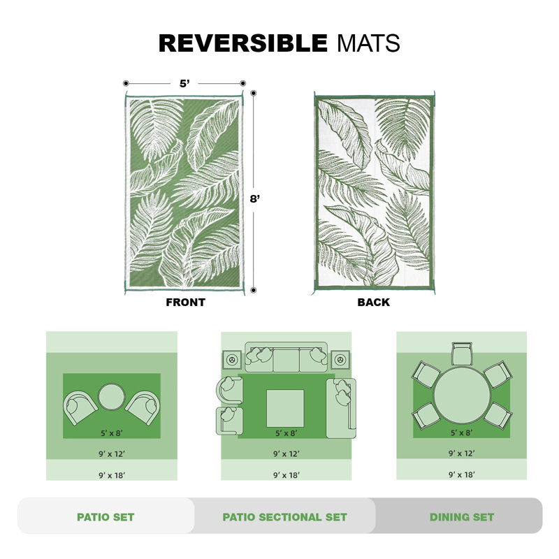 Floral Green Indoor & Outdoor Area Rug, Rectangle 8' x 5'