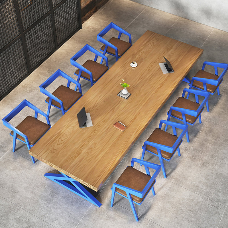 Ensemble de salle à manger décontracté de style industriel carré L 94,49 po x l 23,23 po, Brun, Bleu, Brun et bleu