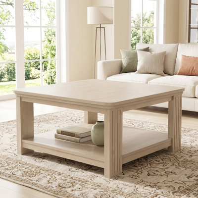 Table basse carrée moderne minimaliste 34,65 po avec rangement à 2 niveaux et aspect bois naturel