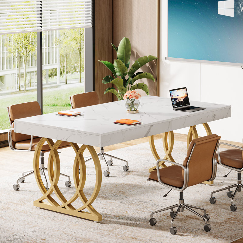 5 Ft Rectangle Conference Table For 4 To 6, White/Gold