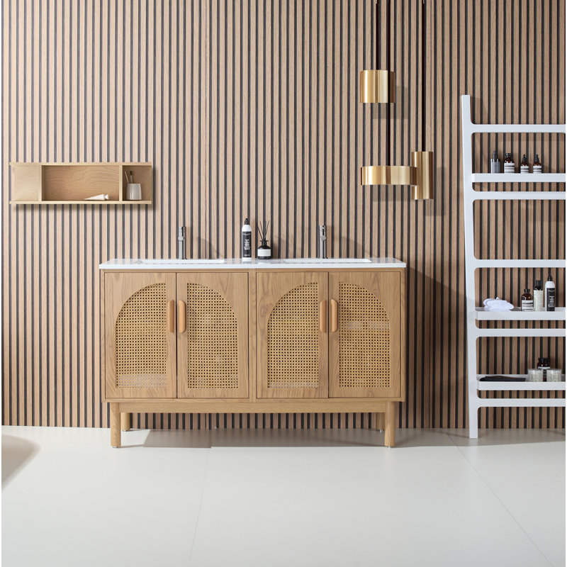 Meuble-lavabo en contreplaqué de chêne naturel avec plateau en quartz 60 po Emir, Jaune