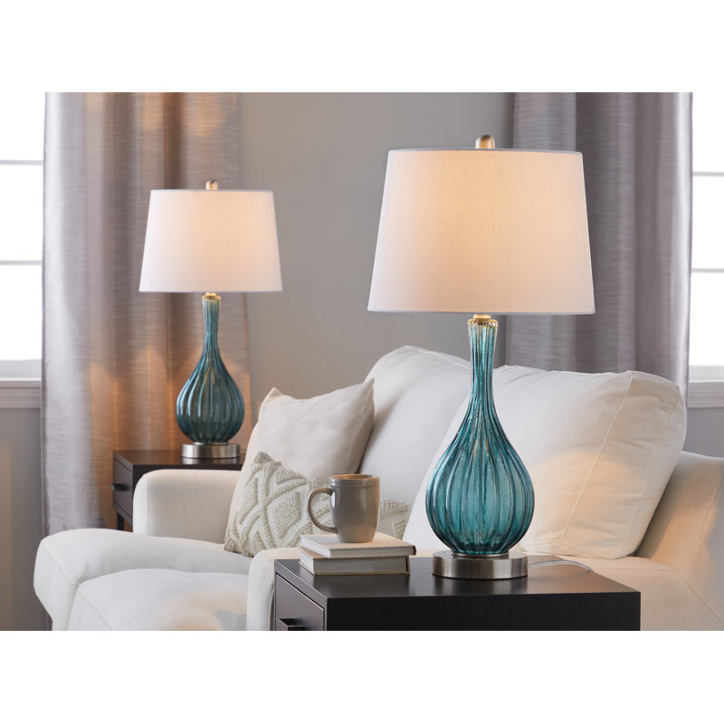 Rami 27" Crackle Glass Table Lamp Set, Blue Glass/Brushed Nickel, 27.25" H x 14" W x 14" D, Off-White