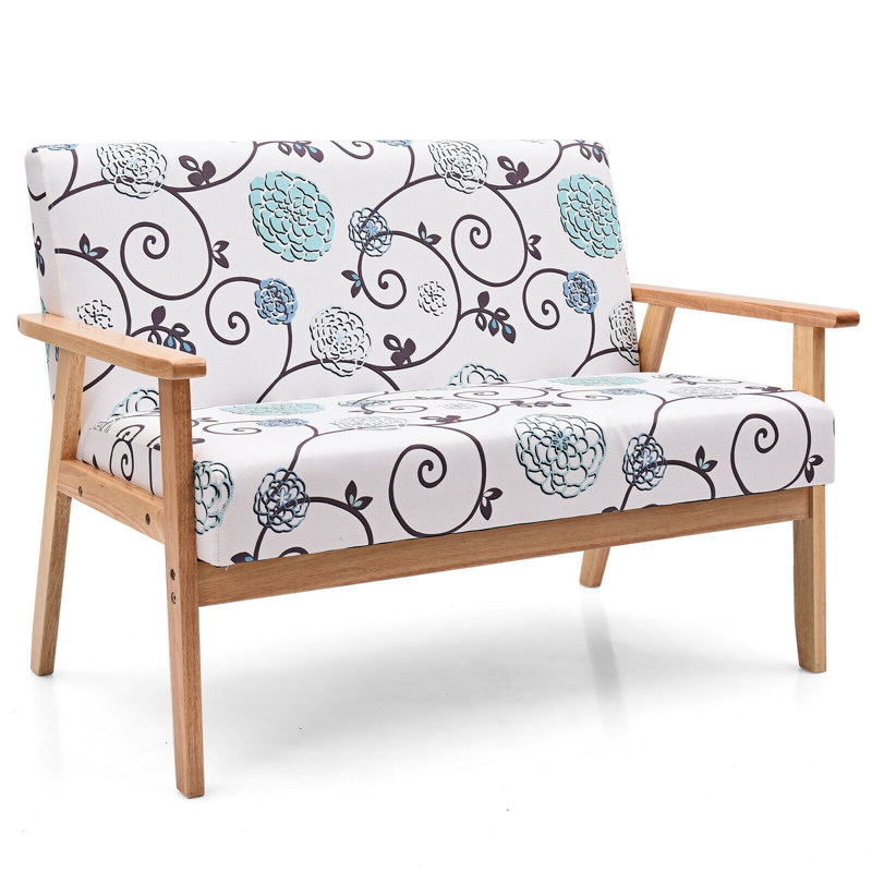 Mervela 43" Linen Square Arm Loveseat, Blue/White Linen Blend